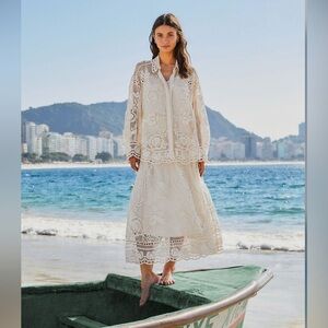 Farm Rio Off-White Swan Lake Guipure Midi Skirt